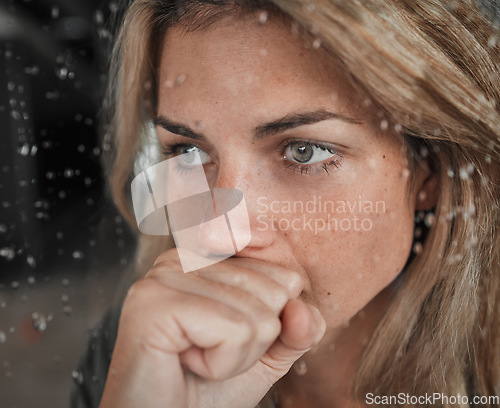 Image of Stress, anxiety and mental health woman by window in house, home and psychology support asylum thinking while watching rain. Zoom, fear face or depression of sad, scared or burnout person in lockdown