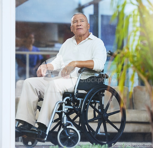 Image of Senior man, healthcare and wheelchair in hospital surgery recovery, nursing home or Mexico wellness physiotherapy clinic. Thinking retirement elderly with insurance disability aid and medical support