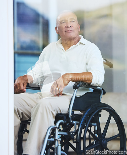 Image of Retirement, window and elderly man in wheelchair thinking about life in luxury Portugal nursing home, estate or village. Senior Care, disability and homecare for disabled person with support and help