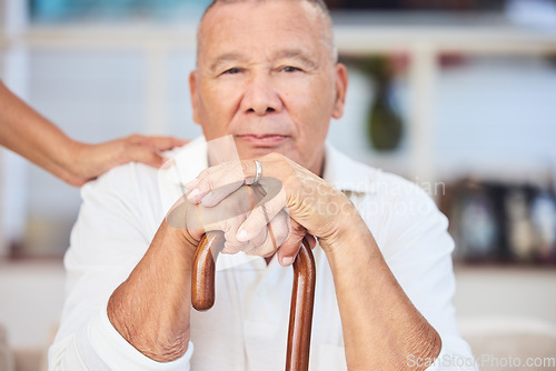 Image of Portrait of elderly man with walking stick, serious and sitting thinking, memories at retirement home. Grandpa with wooden cane, senior care for disability and nostalgia, a lonely expression on face.