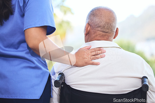 Image of Homecare, nurse and wheelchair for disabled elderly man, with injury in spine or legs. Healthcare, disability and senior in nursing home for wellness, recovery and health in Cape Town after stroke