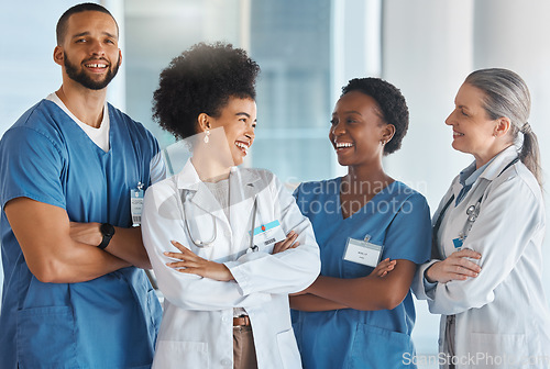 Image of Doctors medical healthcare and happy team at work with smile for medicine portrait, diversity or teamwork in clinic. Trust, collaboration or insurance working with nurse, worker or hospital employees