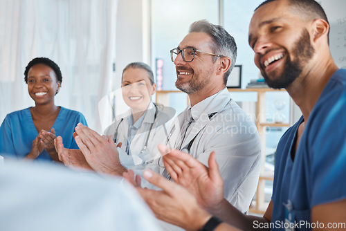 Image of Doctors, nurses and teamwork collaboration clapping after medical presentation, healthcare meeting and hospital medicine success. Smile, happy and excited insurance men and women with winner gesture