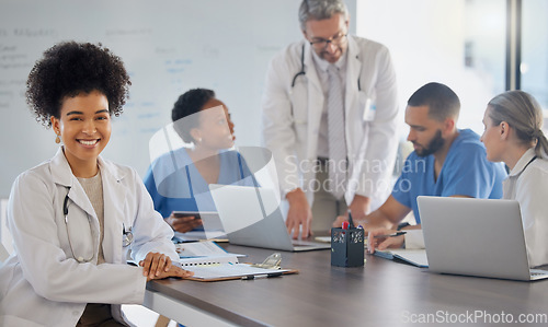 Image of Doctor, team portrait and meeting in the office for collaboration working on laptops. Business teamwork and strategy discussion in healthcare, medical planning and sharing ideas at work on computers