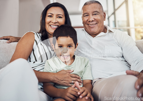 Image of Family, child and grandparents or foster parents with adopted child sitting on the sofa at home with smile and love. Portrait of boy kid with man and woman parents bonding in their puerto rico house