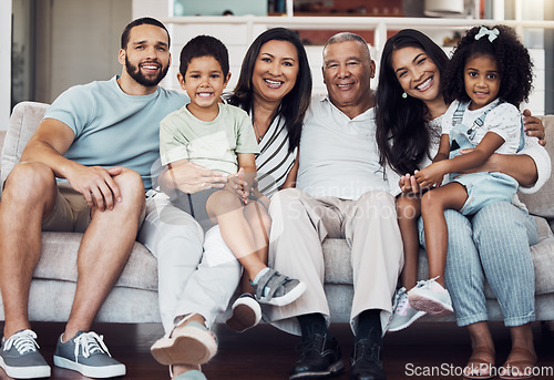 Image of Big family portrait on sofa, home living room together in Mexico and happy afro latino girl sitting on mom lap. Senior grandparents love young children, proud father smile and generations happiness