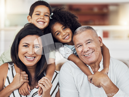 Image of Portrait of happy kids, grandma and grandpa at home spending family time together. Grandparents babysitting girl and boy in Mexico. Senior man, woman and children, fun care and child development.