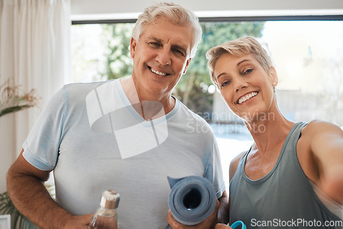 Image of Senior couple, selfie or yoga fitness in house or home living room for relax workout, training or exercise in lockdown. Portrait, smile or happy pov of retirement man and wellness woman in photograph