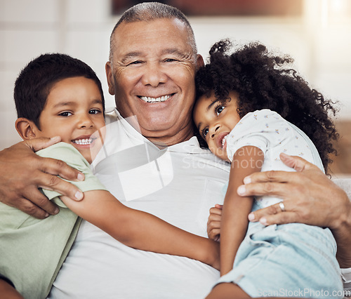 Image of Portrait, happy family and grandfather with children in the house living room hugging, relaxing and bonding together. Elderly, happiness and old man has a big smile enjoying quality time with kids