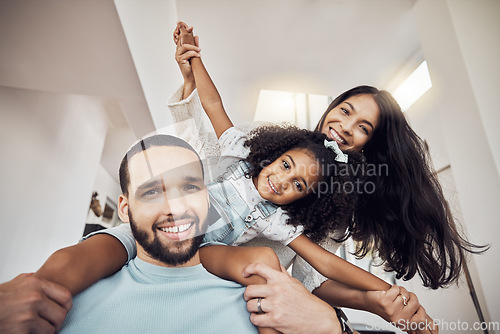 Image of Relax, happy family and home portrait with child enjoying bonding leisure with Mexican parents. Love of caring mother and dad with excited daughter getting piggyback ride in Mexico house for fun.