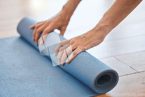 Image of Hands, floor and yoga mat in relax fitness, workout and training in pilates, zen and peace studio. Zoom, woman and yogi ready for wellness meditation, holistic body exercise and chakra energy balance