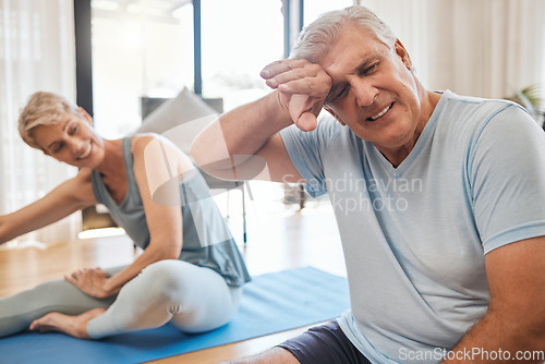 Image of Relax, yoga and senior couple with tired man resting on mat with fatigue from fitness exercise. Happy, married and retirement woman laughing at husband exhausted from home pilates workout.