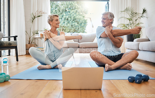 Image of Stretching, happy morning and senior couple training with online workout in the living room of their house. Elderly man and woman doing warm up before fitness exercise with internet yoga on tech