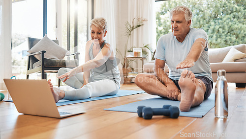 Image of Meditation, senior couple and tutorial exercise for workout, training and health for wellness and relax at home. Retirement, man and woman streaming with laptop to do yoga, fitness and stretching.