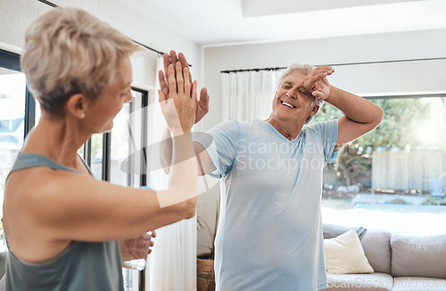 Image of High five, fitness success and senior couple after home workout, exercise and training in house lockdown. Smile, happy or health motivation retirement elderly woman or tired woman sweating in pilates