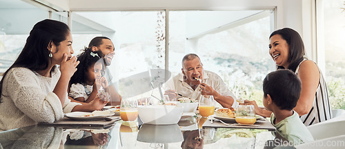 Image of Love, food and happy family breakfast, brunch or lunch for group of people eating, bonding and enjoy quality time together. Happiness, morning and hungry big family smile while relax in dining room