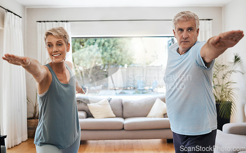 Image of Yoga, workout and senior couple doing exercise in their home to keep active. Old woman and man doing fitness training in their living room. Healthy lifestyle, wellness and stretching after retirement