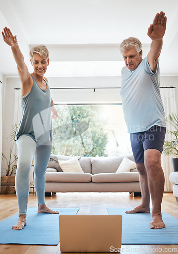 Image of Yoga stretching, laptop and senior couple in a video call class for retirement wellness, workout motivation and pilates exercise in Dallas home. Healthy elderly people in cardio with online support
