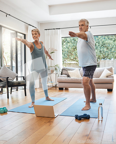 Image of Senior couple do online yoga workout, home stretching and exercise old body in Dallas living room. Daily fitness together in retirement, happy healthy woman and man training from laptop technology