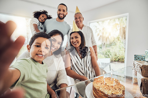 Image of Happy birthday cake, selfie and big family celebration in home with portrait smile for memory or social media post. Puerto Rico people and children at grandparents retirement party with house dessert