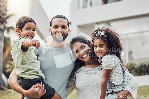 Image of Family, happy and lawn at house with love together for portrait outdoors in summer. Children, mom and dad smile in sunshine with happiness in garden at their home or on vacation in Los Angeles