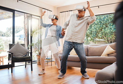 Image of VR experience, senior couple and living room metaverse video games innovation, digital fantasy and cyber connection. Crazy man, happy woman and excited people with virtual reality futuristic glasses