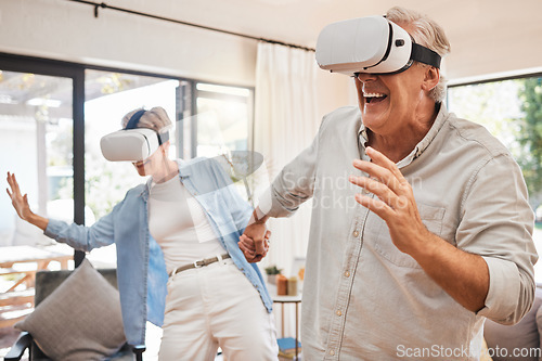 Image of VR, 3d technology and senior couple with metaverse games in the living room of the house together. Happy, excited and comic elderly man and woman playing digital video entertainment in the lounge