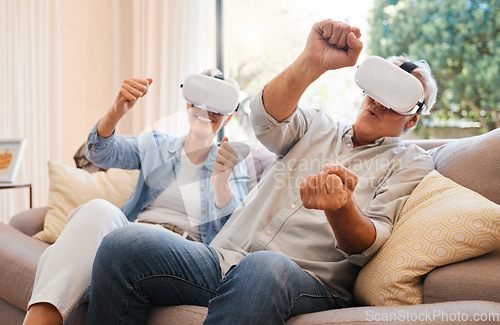 Image of Elderly, couple and VR on sofa for gaming online in home living room. Man, woman and virtual reality glasses for esports while relax in house with technology, fun and 3D games together in retirement