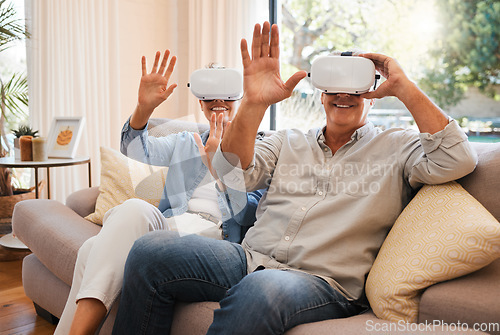 Image of Gaming, vr and senior couple on a sofa, virtual reality and fun in a living room. Metaverse, fantasy and retirement by elderly man and woman enjoying playful, creative and virtual game in their home