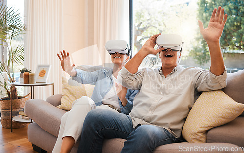 Image of Virtual Reality, excited and senior couple with vr 3d goggles have fun, crazy and play digital game. Metaverse experience, esports simulation and elderly retirement man and woman with futuristic tech