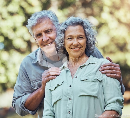 Image of Senior couple, happy and smile in nature with a love and marriage mindset outdoor. Portrait of a elderly man and woman together with happiness from retirement with quality time and proud freedom