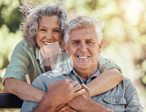 Image of Love, hug and senior couple bond in house garden, nature park or home backyard in trust, security or future support. Happy smile portrait, retirement elderly man or Australian woman in life insurance