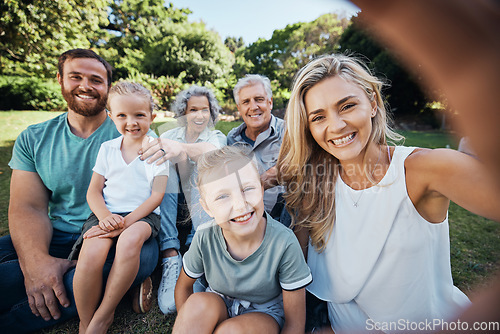 Image of Family selfie, park portrait and woman with smile on holiday in nature in Canada during summer. Parents, girl kids and grandparents taking photo on vacation in a green garden for picnic in spring