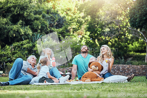 Image of Happy, nature and big family on an outdoor picnic together in a green garden blowing bubbles. Happiness, elderly grandparents and parents relaxing, bonding and playing with children in a outside park