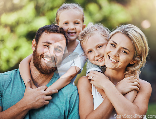 Image of Family portrait, parents and kids bonding hug in garden or Canada nature park in trust, love or security, Smile, happy or excited children with man or woman for mothers day or fathers day celebration