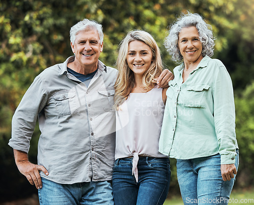 Image of Portrait of mother, father and woman in park on hioliday in Australia together in summer. Happy, relax and love of parents for adult child on vacation in a green garden with family in nature