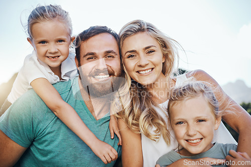 Image of Happy family, travel and summer vacation with kids in Costa Rica, summer holiday or trip outdoor. Portrait Love, smile and girl, mom and dad together smile, laugh and spending time bonding and caring