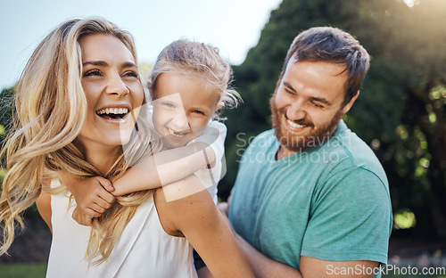 Image of Love, happy family and summer nature with child bonding together with young parents in the usa. Piggyback ride with american mother and father enjoying leisure break with cute daughter in park.