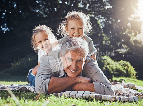Image of Grandfather, children and portrait of family in the park together with smile during summer in Australia. Girl kids and senior man playing, happy and having fun in a green garden in nature with care