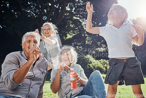 Image of Grandparents, kids and play with bubbles in the park, nature or outdoors. Love, smile and happy girls having fun, bonding and spending quality time with grandma and grandpa on grass with soap toy.