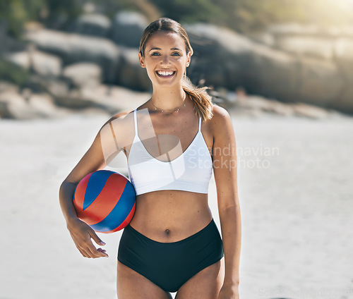 Image of Volleyball, beach and portrait of sports woman with smile, happiness and ready for start of game, competition or workout. Happy, health and athlete girl before fitness, exercise and cardio training