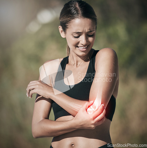 Image of Workout woman and elbow pain from injury in joint and physical trauma from intense exercise. Athlete girl with painful, injured and broken bone from fitness training holding arm for support.