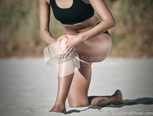 Image of Knee pain, beach or 3d injury in fitness exercise, training and health workout for Brazilian woman. Zoom, hands or sports athlete with risk emergency, medical leg accident or broken bone inflammation