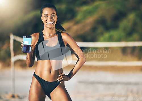 Image of Beach, technology and fitness app, woman with phone in the sand and summer sun. Exercise, bikini and sports workout on holiday in Brazil, happy and girl at volleyball net with mobile application.