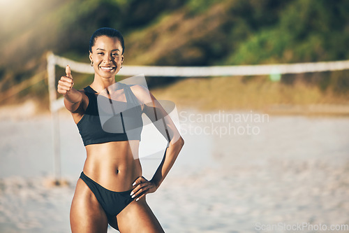 Image of Thumbs up, black woman and beach volleyball success, winning and summer sports motivation in Brazil. Portrait of happy fitness athlete celebrate excited goal for achievement, yes sign and like emoji