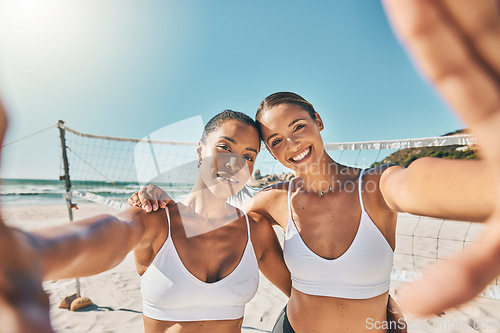 Image of Volleyball women friends in selfie on beach and outdoor summer, fitness and wellness lifestyle. Young sports people taking photo together for healthy motivation or competition with smile and sunshine