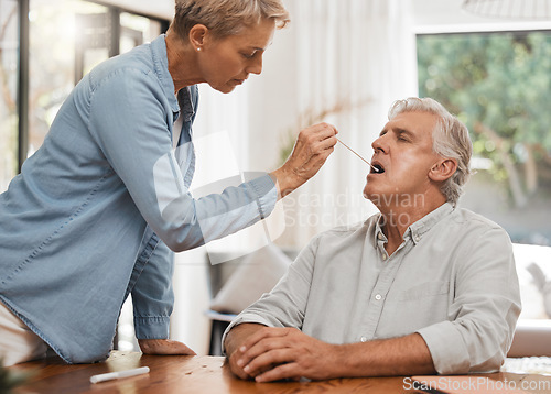 Image of Couple, cotton swab and covid test in house or home for compliance lockdown, antigen analysis and insurance healthcare check. Woman, senior man and covid 19 pcr help for virus mouth medical testing