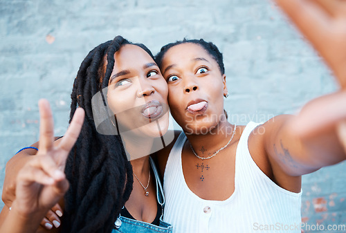 Image of Selfie of black friends in city, happy funny face together and video call technology with 5g network in San Francisco. Cool african women have fun in summer and streaming online social media content