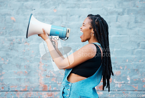Image of Megaphone voice, black woman and attention for speech, protest and loud communication. Freedom rally, noise and warning announcement fight for gender equality, politics and human rights revolution
