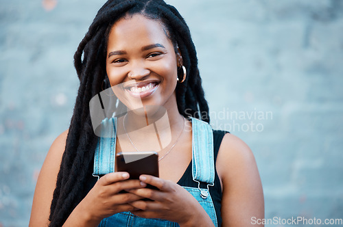 Image of Black woman, portrait and city phone for social media typing, contact and communication on smartphone technology in urban Jamaica. Happy gen z hipster girl on mobile apps, 5g internet and web connect